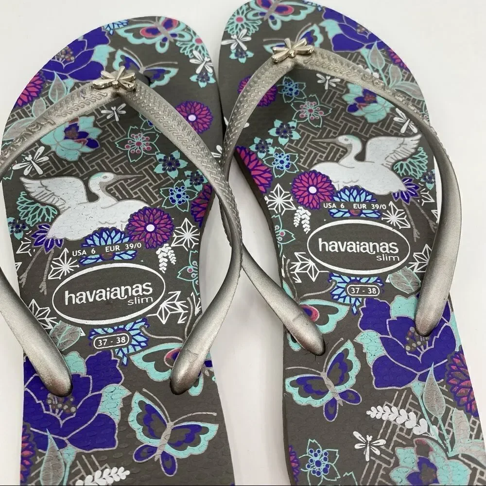 Havaianas gray and teal butterfly flip flops size 6 (37/38)